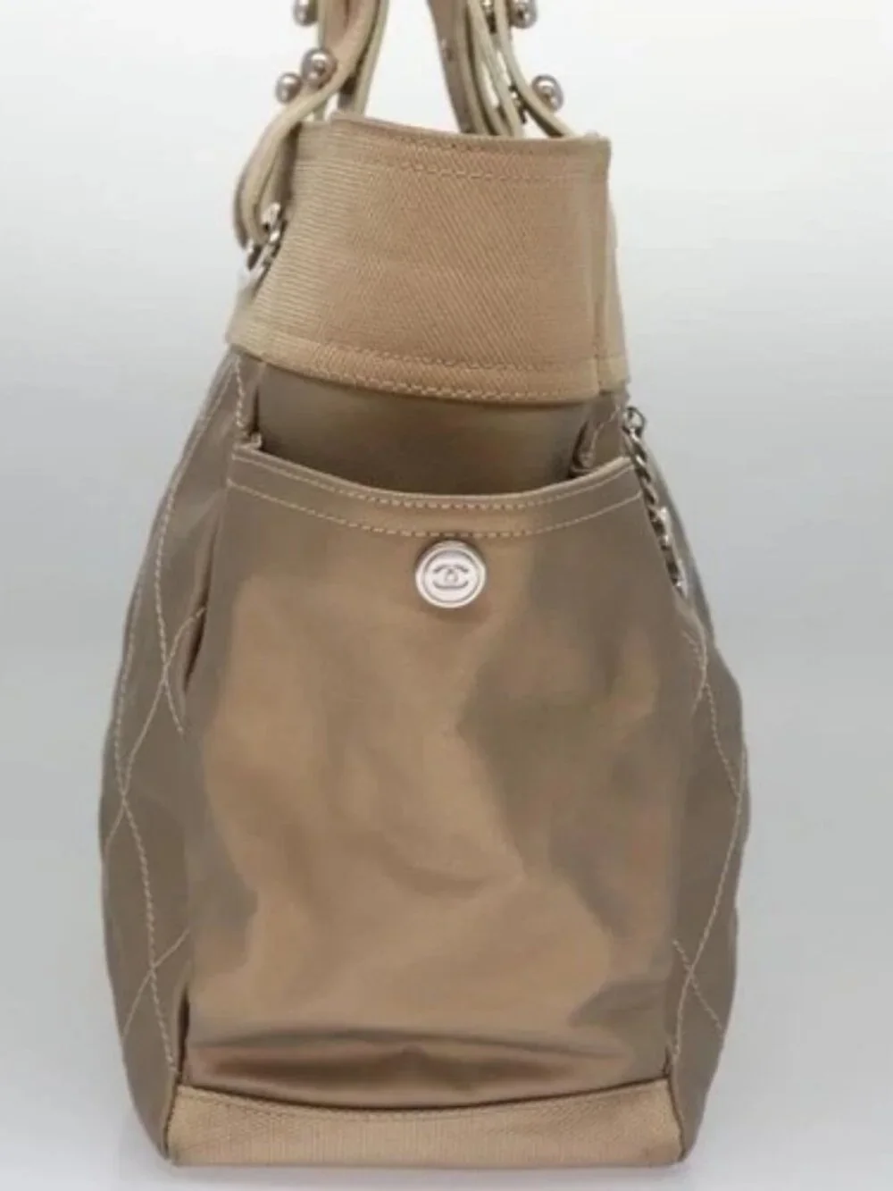 CHANEL Paris Biarritz MM Tote Bag Coated Canvas Gold Tone Silver CC Auth ac3593